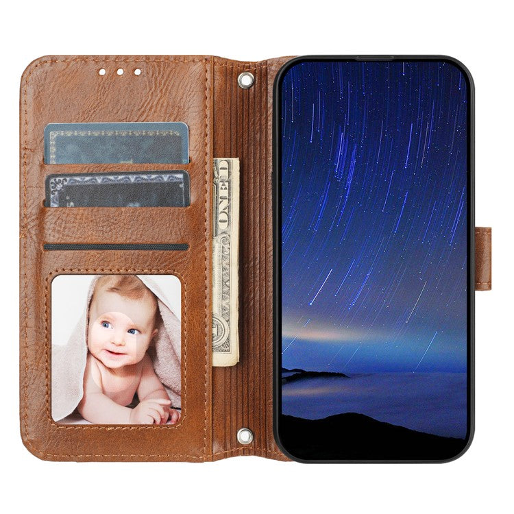 For iPhone 16e Case Zipper Pocket Leather Phone Cover with Crossbody Shoulder Strap - Brown