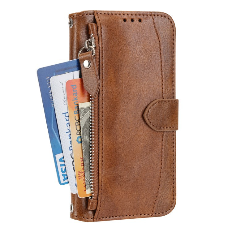 For iPhone 16e Case Zipper Pocket Leather Phone Cover with Crossbody Shoulder Strap - Brown