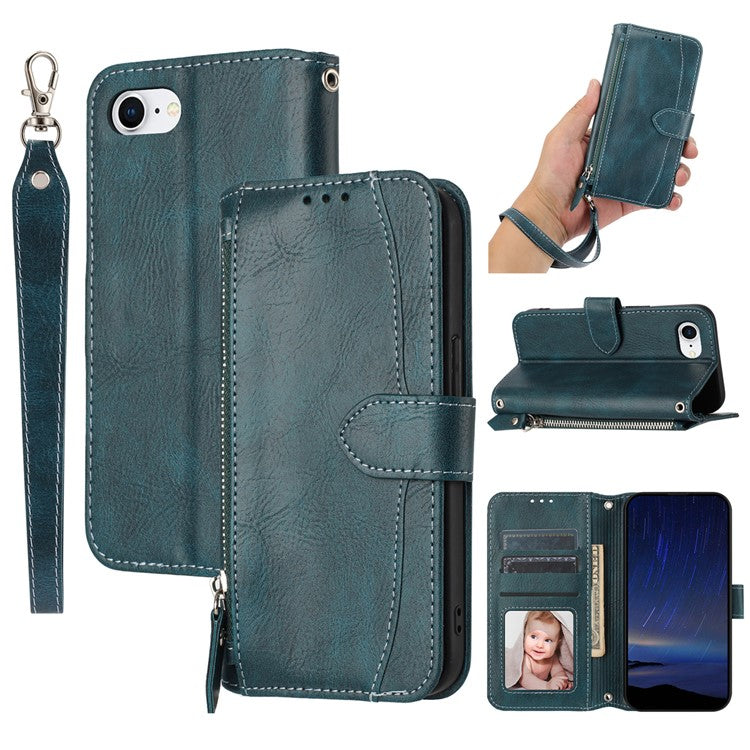 For iPhone 16e Case Zipper Pocket Leather Phone Cover with Crossbody Shoulder Strap - Blackish Green