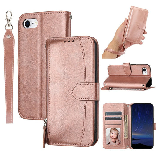For iPhone 16e Case Zipper Pocket Leather Phone Cover with Crossbody Shoulder Strap - Rose Gold