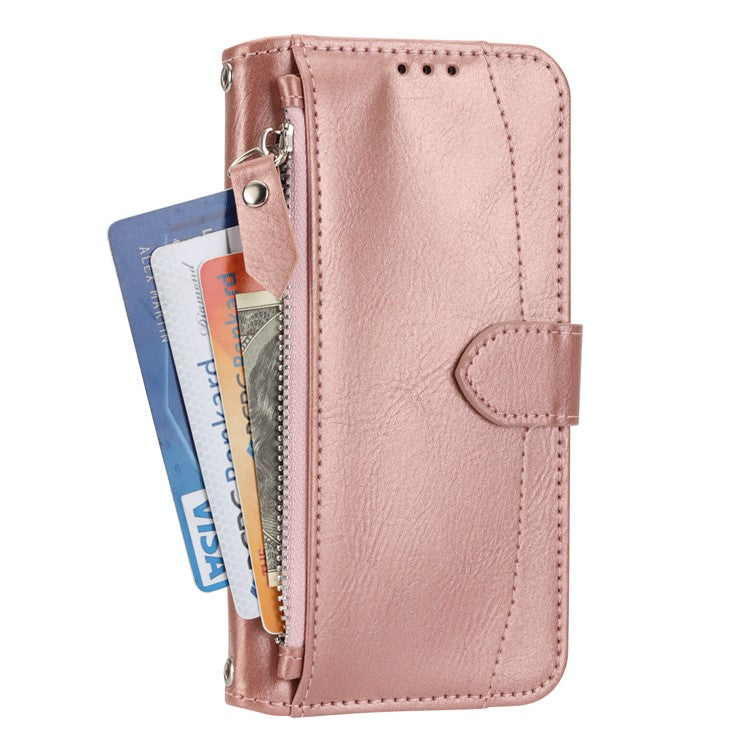 For iPhone 16e Case Zipper Pocket Leather Phone Cover with Crossbody Shoulder Strap - Rose Gold