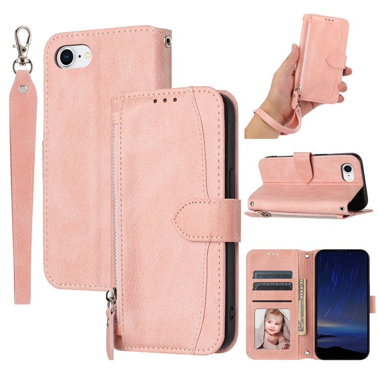 For iPhone 16e Case Zipper Pocket Leather Phone Cover with Crossbody Shoulder Strap - Pink