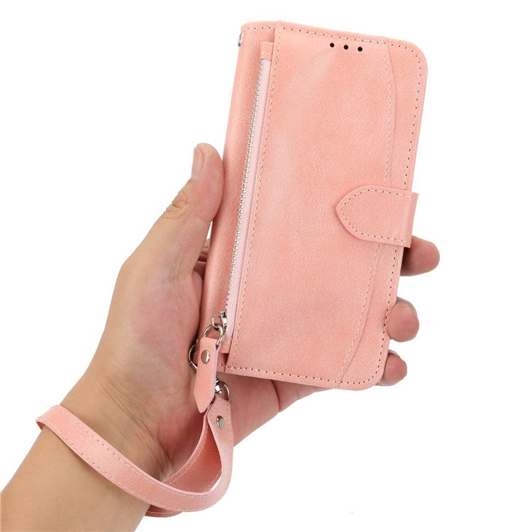 For iPhone 16e Case Zipper Pocket Leather Phone Cover with Crossbody Shoulder Strap - Pink