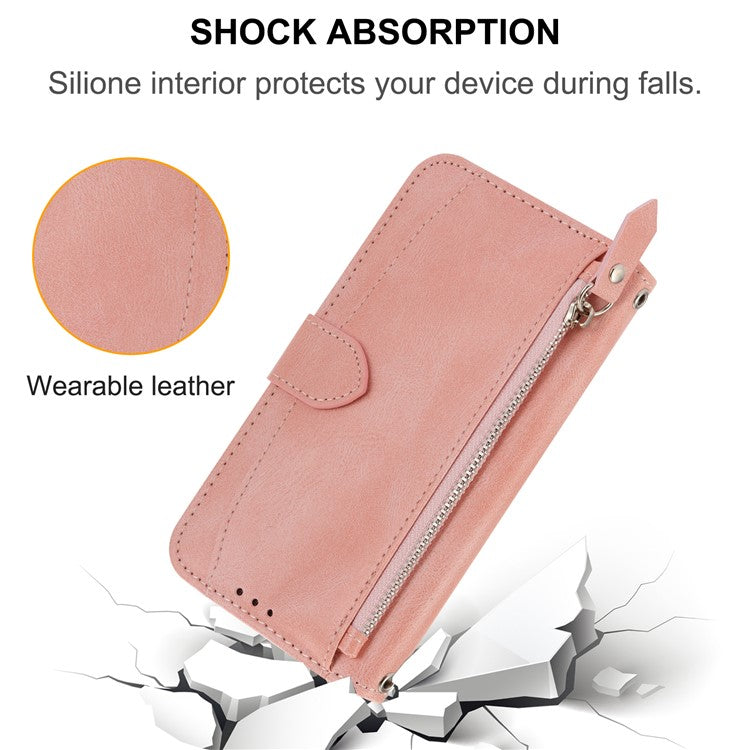 For iPhone 16e Case Zipper Pocket Leather Phone Cover with Crossbody Shoulder Strap - Pink