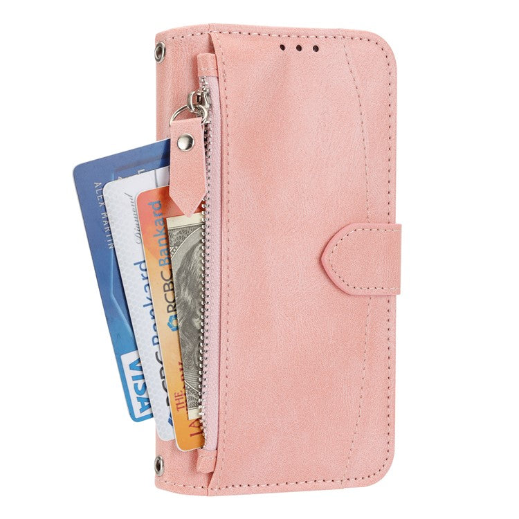 For iPhone 16e Case Zipper Pocket Leather Phone Cover with Crossbody Shoulder Strap - Pink