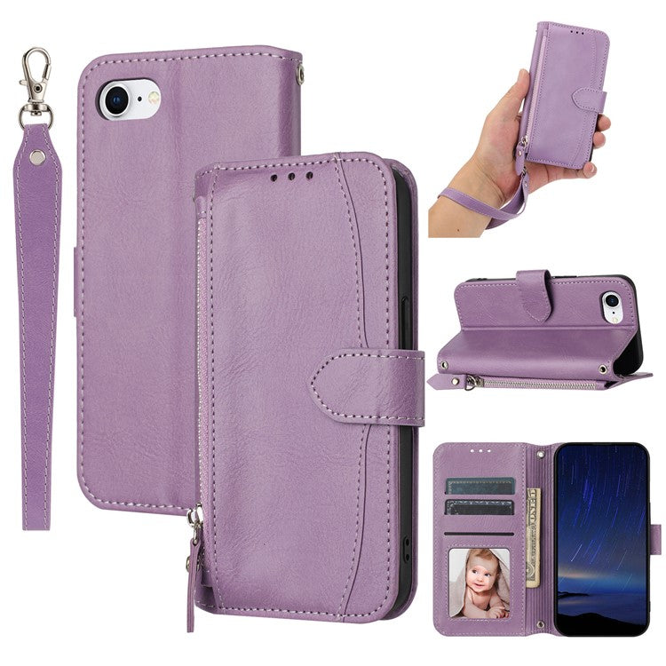 For iPhone 16e Case Zipper Pocket Leather Phone Cover with Crossbody Shoulder Strap - Purple