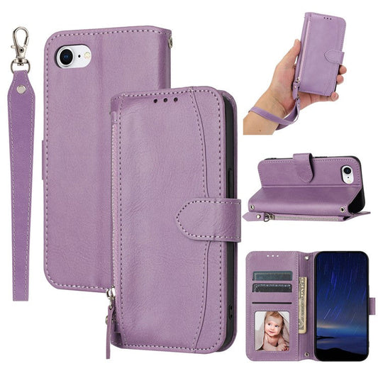 For iPhone 16e Case Zipper Pocket Leather Phone Cover with Crossbody Shoulder Strap - Purple