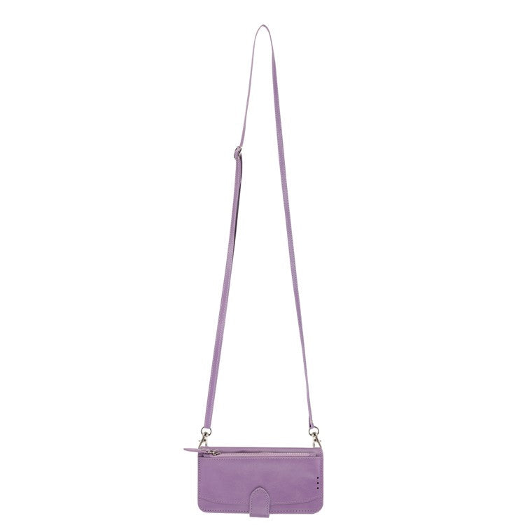 For iPhone 16e Case Zipper Pocket Leather Phone Cover with Crossbody Shoulder Strap - Purple