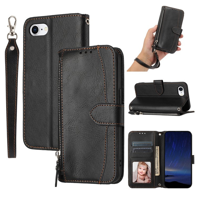 For iPhone 16e Case Zipper Pocket Leather Phone Cover with Crossbody Shoulder Strap - Black