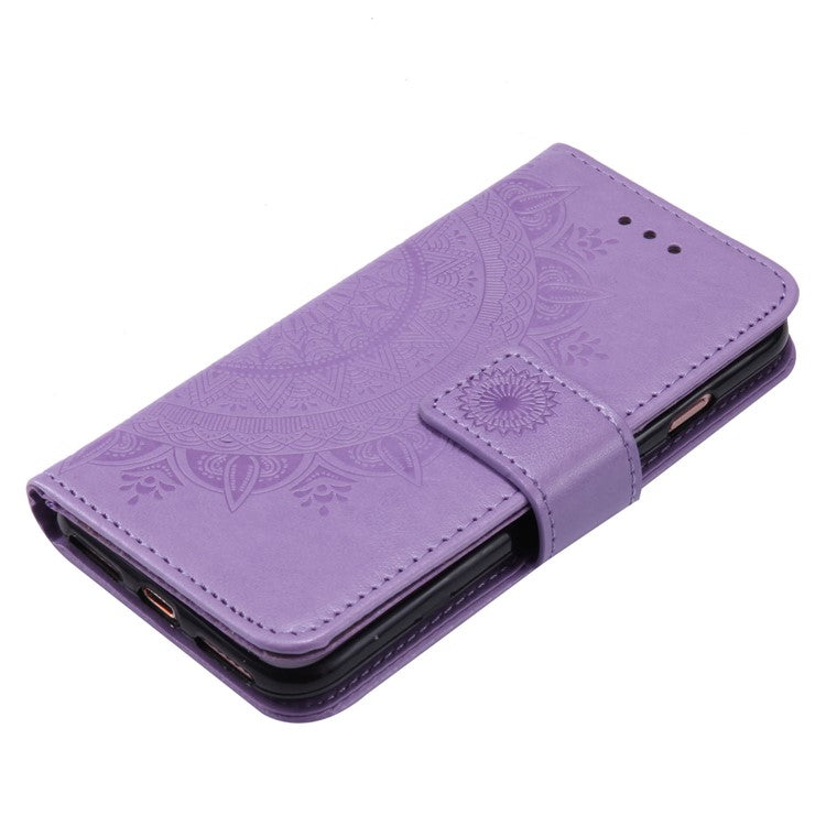 For iPhone 16e Stand Case Imprinted Totem PU Leather Wallet Phone Cover - Purple