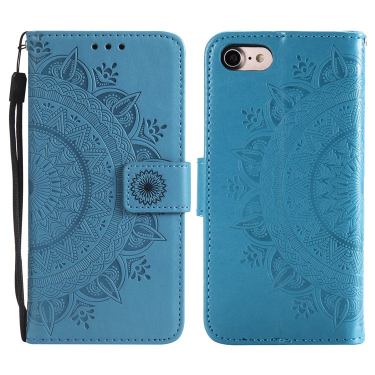 For iPhone 16e Stand Case Imprinted Totem PU Leather Wallet Phone Cover - Blue