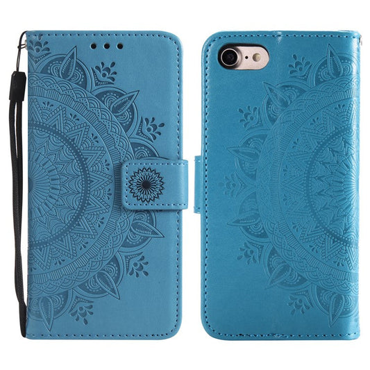 For iPhone 16e Stand Case Imprinted Totem PU Leather Wallet Phone Cover - Blue