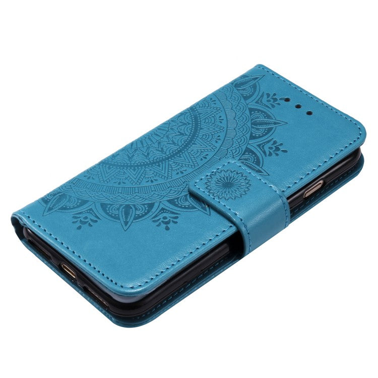 For iPhone 16e Stand Case Imprinted Totem PU Leather Wallet Phone Cover - Blue