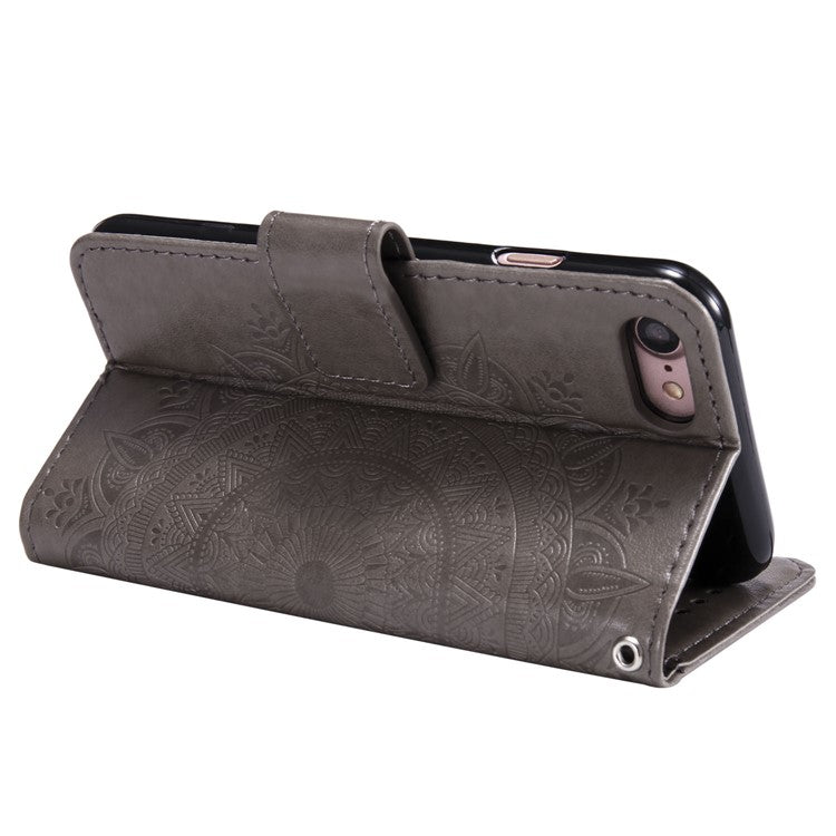 For iPhone 16e Stand Case Imprinted Totem PU Leather Wallet Phone Cover - Grey