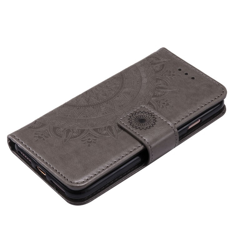 For iPhone 16e Stand Case Imprinted Totem PU Leather Wallet Phone Cover - Grey