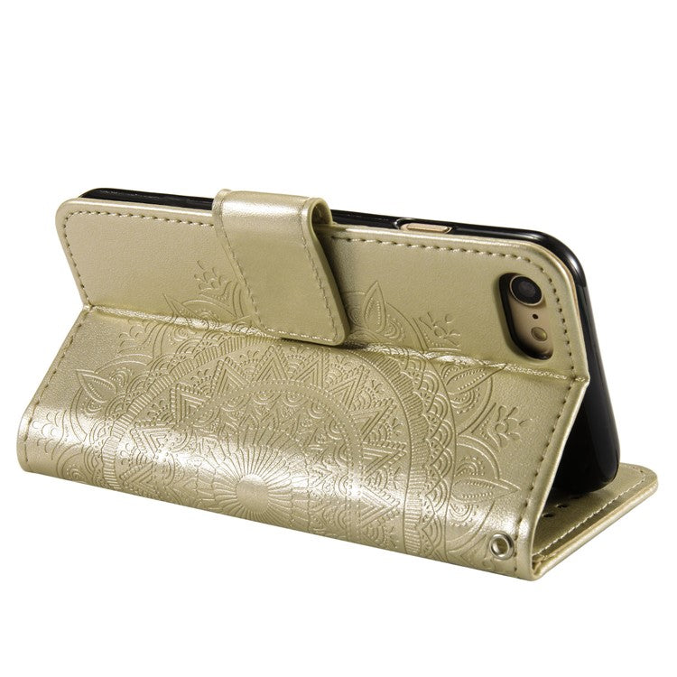 For iPhone 16e Stand Case Imprinted Totem PU Leather Wallet Phone Cover - Gold