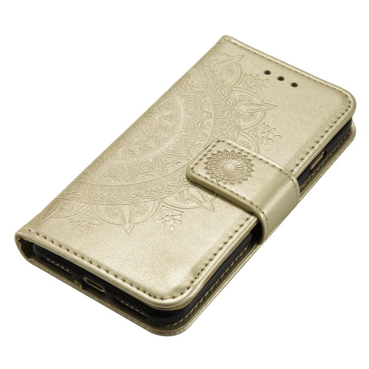 For iPhone 16e Stand Case Imprinted Totem PU Leather Wallet Phone Cover - Gold
