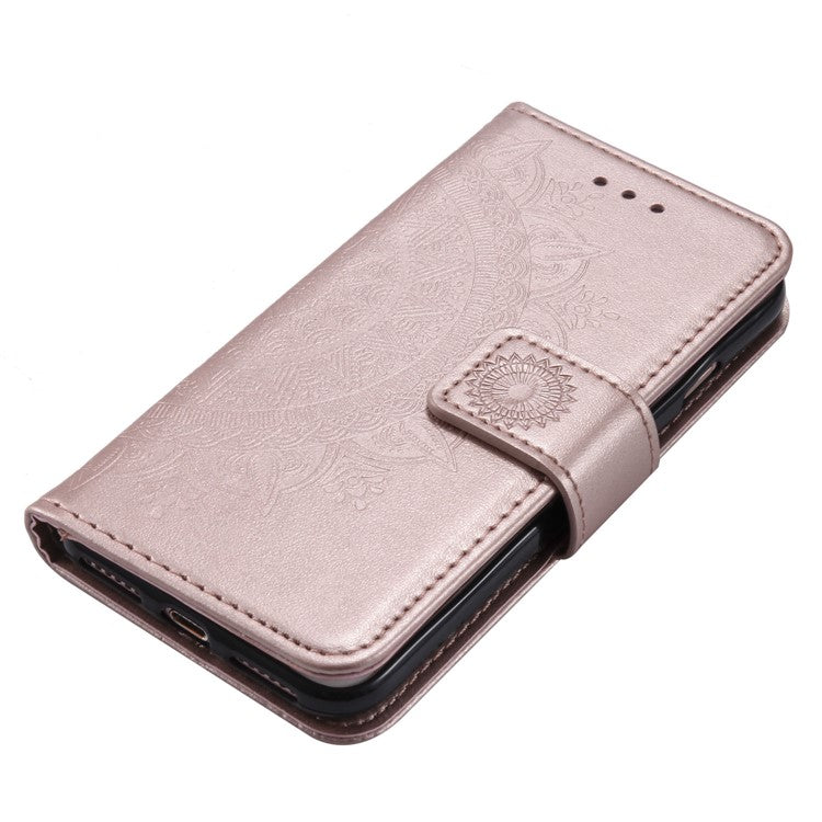 For iPhone 16e Stand Case Imprinted Totem PU Leather Wallet Phone Cover - Rose Gold