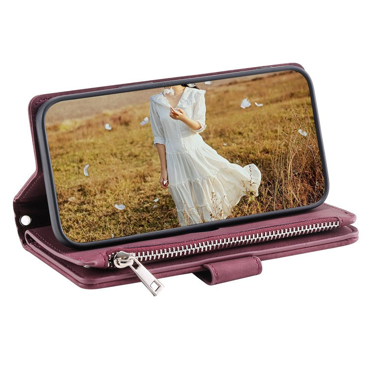 For iPhone 16e Case Rhombus Imprinted Zipper Wallet Leather Cover with Strap - Wine Red