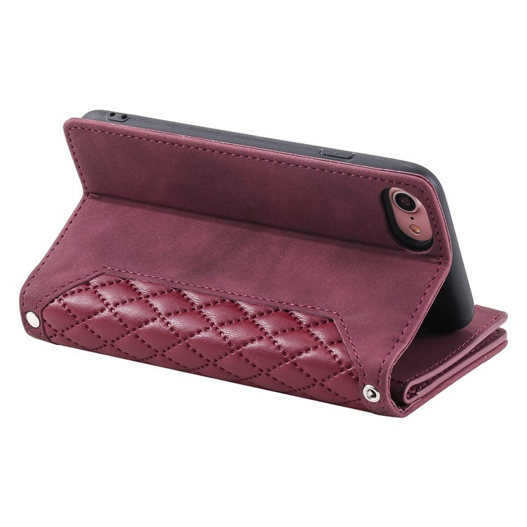 For iPhone 16e Case Rhombus Imprinted Zipper Wallet Leather Cover with Strap - Wine Red