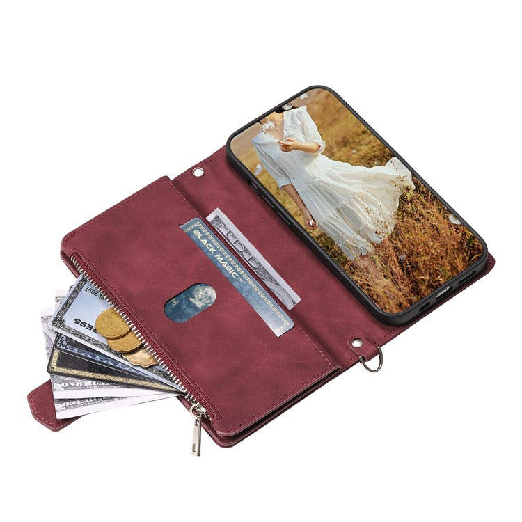 For iPhone 16e Case Rhombus Imprinted Zipper Wallet Leather Cover with Strap - Wine Red