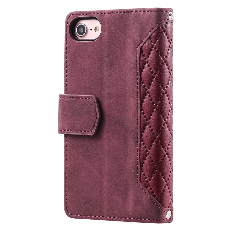 For iPhone 16e Case Rhombus Imprinted Zipper Wallet Leather Cover with Strap - Wine Red