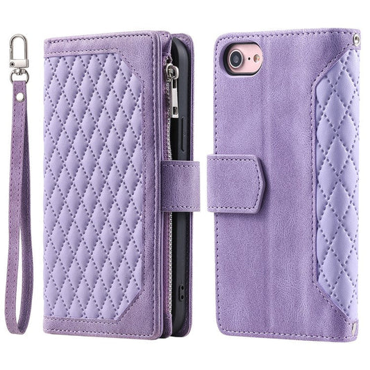 For iPhone 16e Case Rhombus Imprinted Zipper Wallet Leather Cover with Strap - Purple