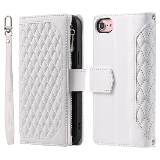 For iPhone 16e Case Rhombus Imprinted Zipper Wallet Leather Cover with Strap - White