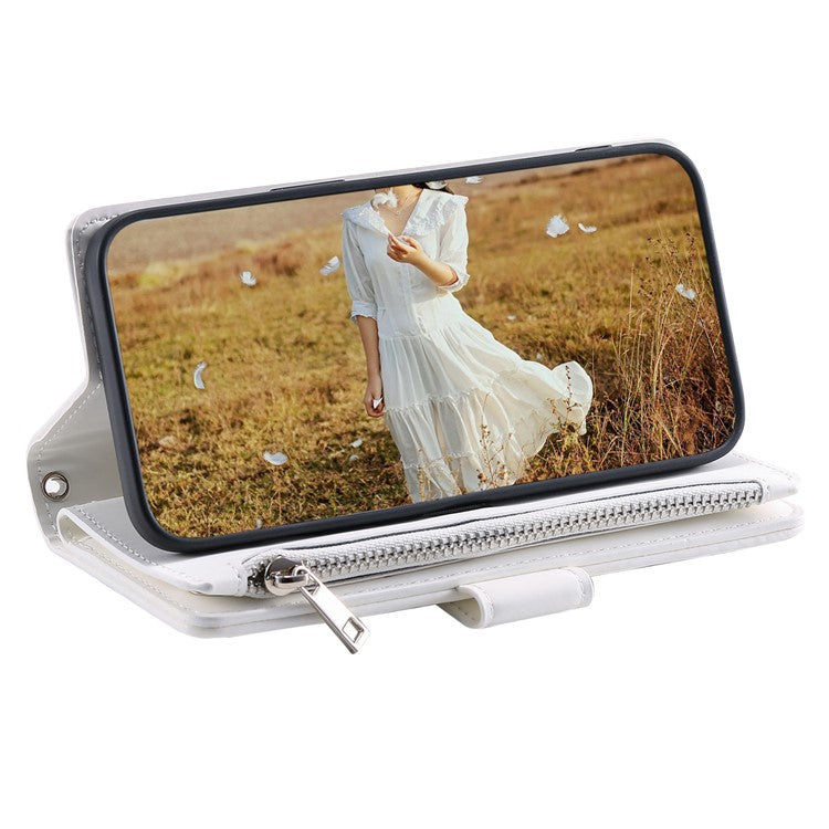 For iPhone 16e Case Rhombus Imprinted Zipper Wallet Leather Cover with Strap - White