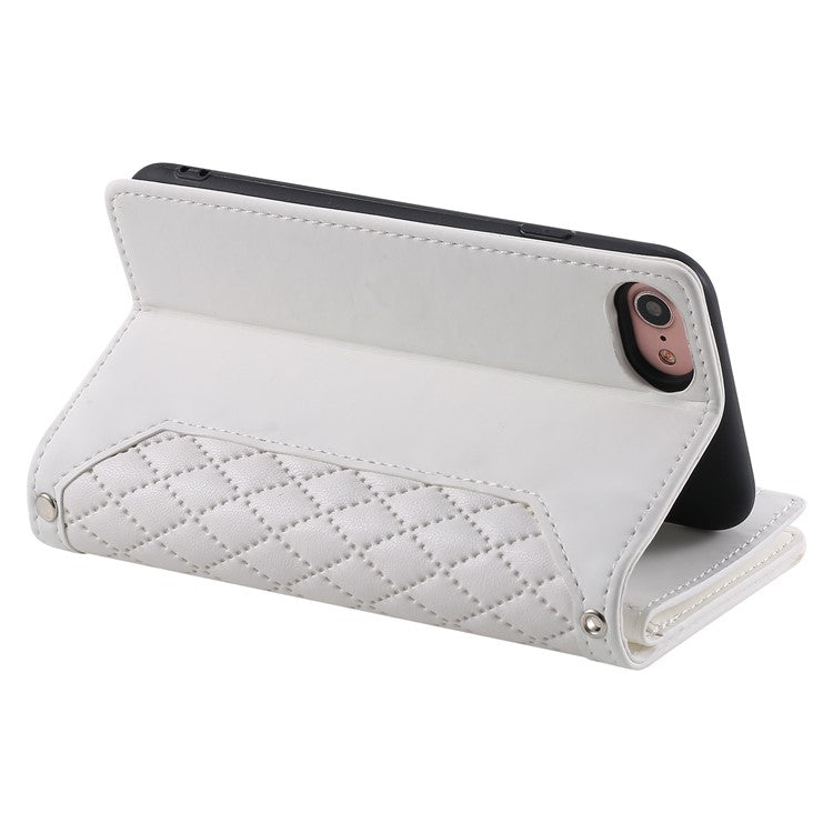 For iPhone 16e Case Rhombus Imprinted Zipper Wallet Leather Cover with Strap - White