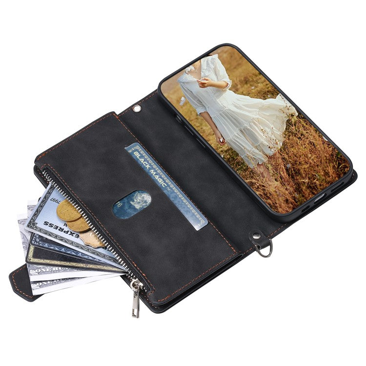 For iPhone 16e Case Rhombus Imprinted Zipper Wallet Leather Cover with Strap - Black