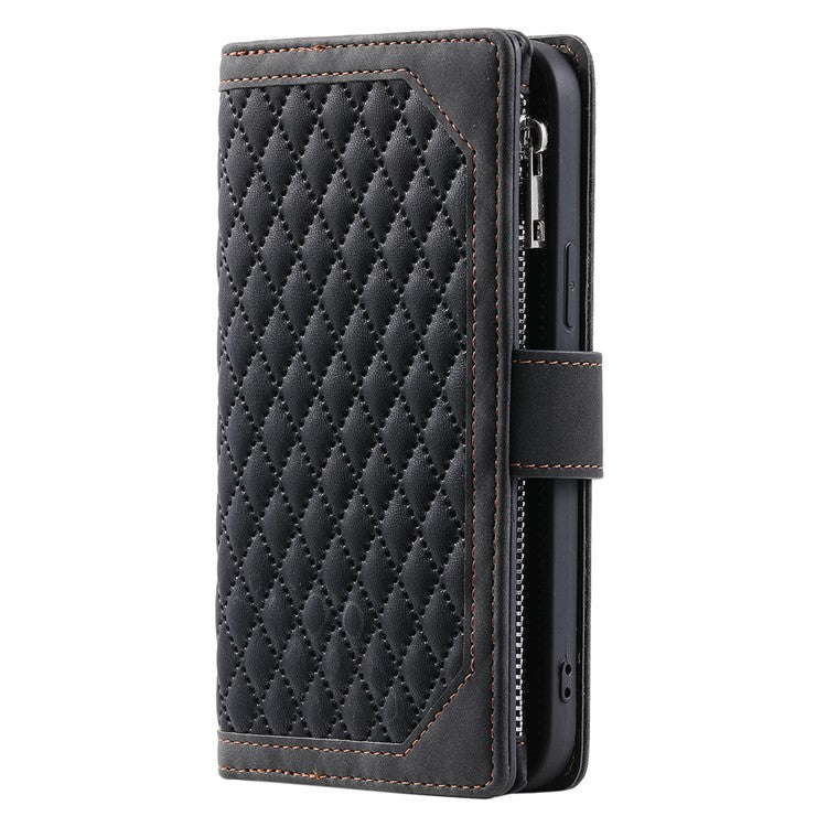 For iPhone 16e Case Rhombus Imprinted Zipper Wallet Leather Cover with Strap - Black