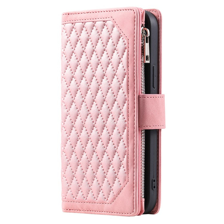 For iPhone 16e Case Rhombus Imprinted Zipper Wallet Leather Cover with Strap - Rose Gold