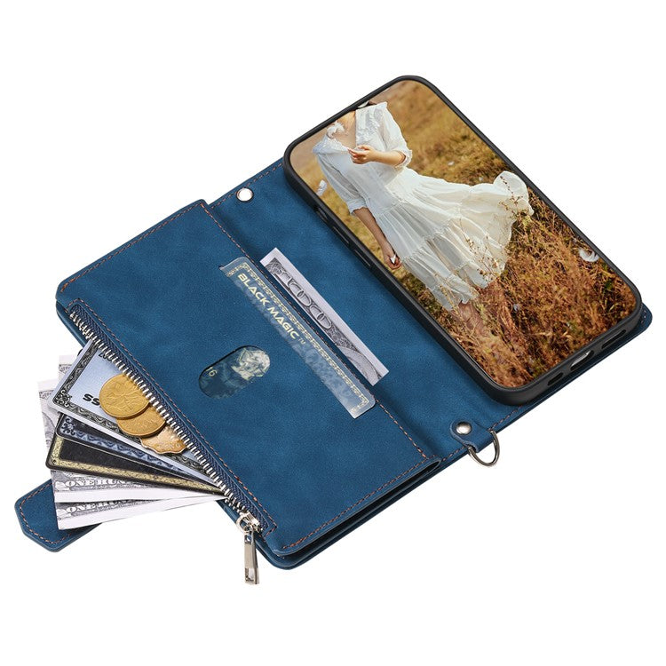 For iPhone 16e Case Rhombus Imprinted Zipper Wallet Leather Cover with Strap - Blue