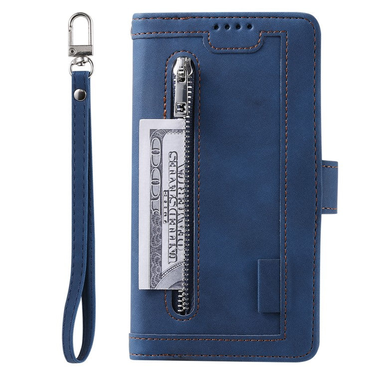 For iPhone 16e Case PU Leather Phone Cover with Zipper Wallet 9 Card Slots - Blue