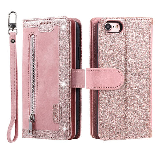 For iPhone 16e Case PU Leather Phone Cover with Zipper Wallet 9 Card Slots - Rose Gold