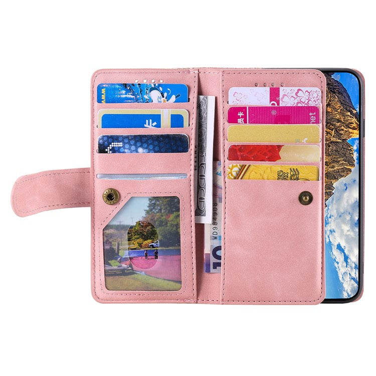 For iPhone 16e Case PU Leather Phone Cover with Zipper Wallet 9 Card Slots - Rose Gold