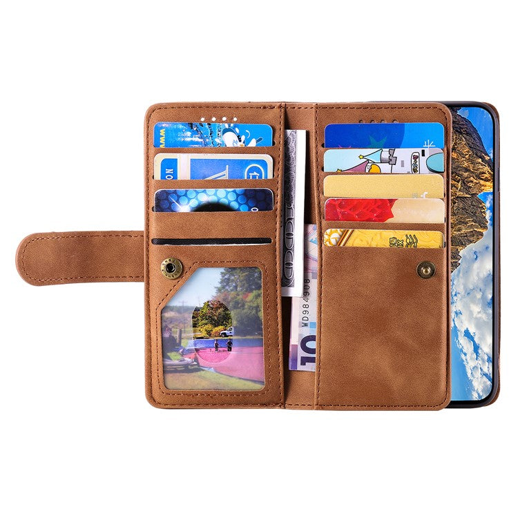 For iPhone 16e Case PU Leather Phone Cover with Zipper Wallet 9 Card Slots - Brown
