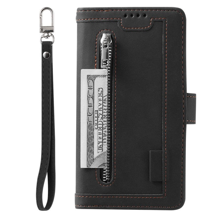For iPhone 16e Case PU Leather Phone Cover with Zipper Wallet 9 Card Slots - Black
