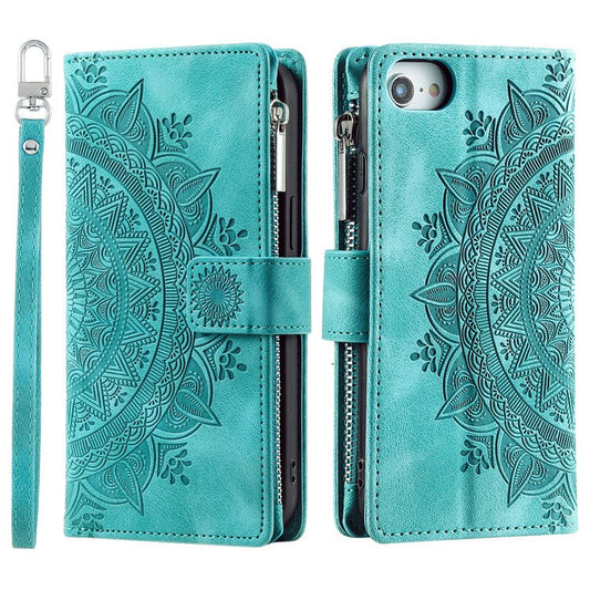 Style 006 For iPhone 16e Wallet Case PU Leather Phone Cover Mandala Flower Pattern - Mint Green