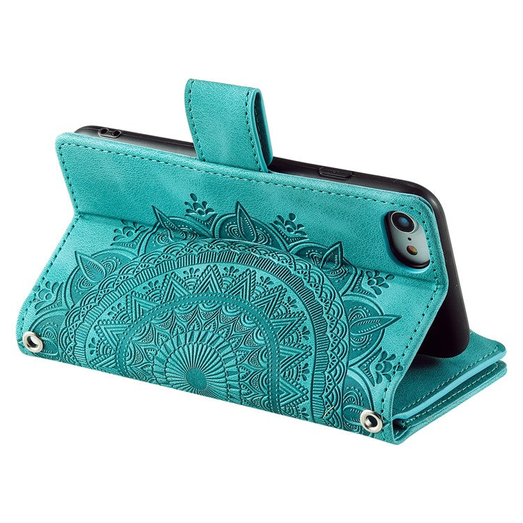 Style 006 For iPhone 16e Wallet Case PU Leather Phone Cover Mandala Flower Pattern - Mint Green