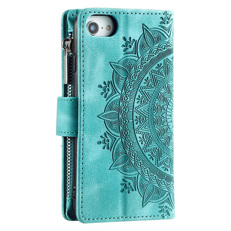 Style 006 For iPhone 16e Wallet Case PU Leather Phone Cover Mandala Flower Pattern - Mint Green