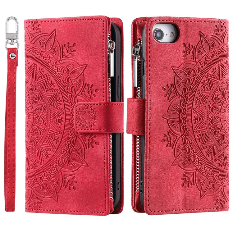 Style 006 For iPhone 16e Wallet Case PU Leather Phone Cover Mandala Flower Pattern - Red