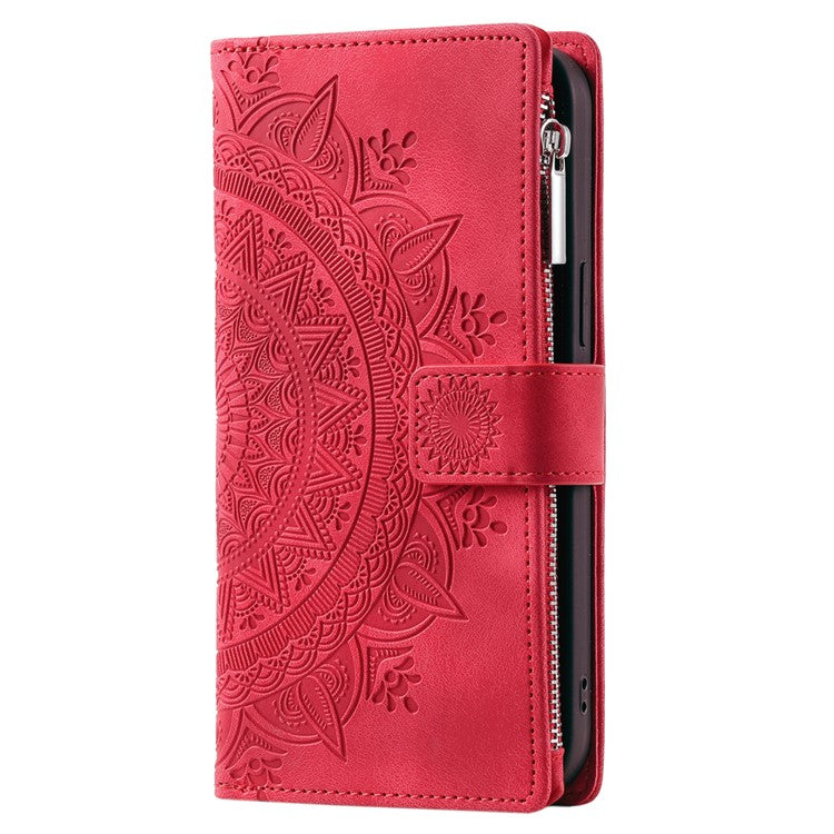 Style 006 For iPhone 16e Wallet Case PU Leather Phone Cover Mandala Flower Pattern - Red