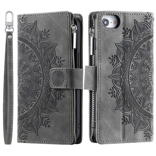 Style 006 For iPhone 16e Wallet Case PU Leather Phone Cover Mandala Flower Pattern - Grey