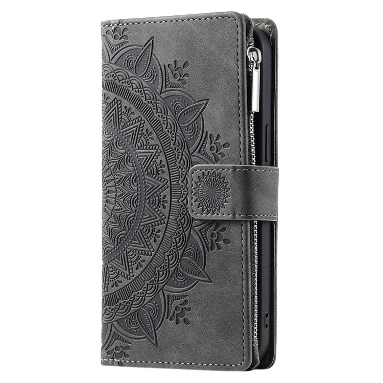Style 006 For iPhone 16e Wallet Case PU Leather Phone Cover Mandala Flower Pattern - Grey