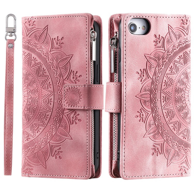 Style 006 For iPhone 16e Wallet Case PU Leather Phone Cover Mandala Flower Pattern - Rose Gold