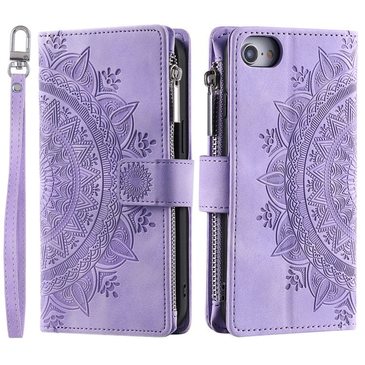 Style 006 For iPhone 16e Wallet Case PU Leather Phone Cover Mandala Flower Pattern - Purple