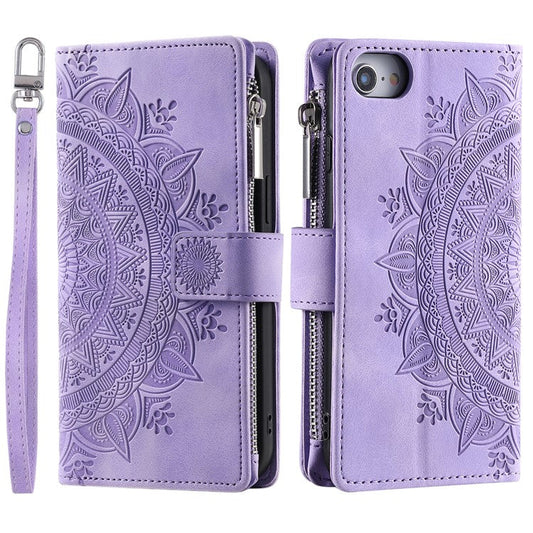 Style 006 For iPhone 16e Wallet Case PU Leather Phone Cover Mandala Flower Pattern - Purple