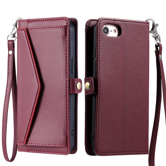For iPhone 16e Leather Case with Wrist Strap Wallet Stand Phone Cover - Wine Red
